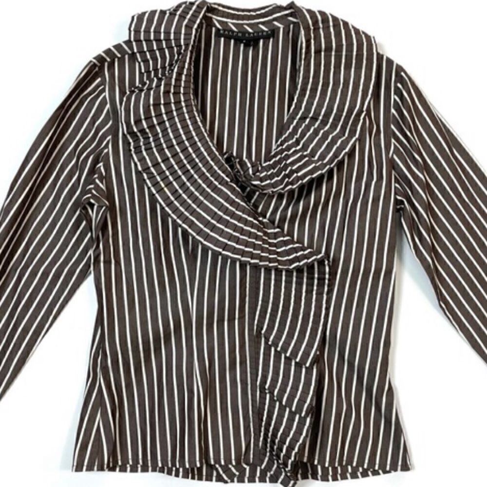Ralph Lauren Polished Cotton Poplin Brown & White Accordion Pleat Ruffle Blouse